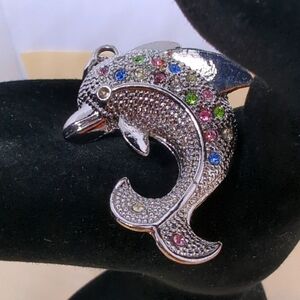 Vintage 1990's Pretty Silver Tone Dolphin Pendant w/ Colored Stones Beautiful